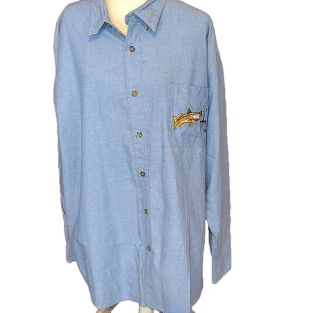 Guy Harvey Blue Chambray Shirt Embroidered Fish On Pocket 100% Cotton XXL